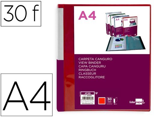 [2159469] LIDERPAPEL - Carpeta 30 fundas canguro pp din A4 rojo translucido portada y lomo personalizable (Ref. JC20)