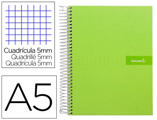 [2009546] LIDERPAPEL - CUADERNO ESPIRAL A5 MICRO MULTILIDER TAPA FORRADA 140H 80 GR CUADRO 5MM 5 BANDAS 6 TALADROS VERDE (Ref.BJ10)