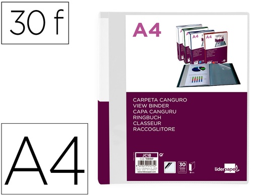 [2159467] LIDERPAPEL - Carpeta 30 fundas canguro pp din A4 transparenteportada y lomo personalizable (Ref. JC18)