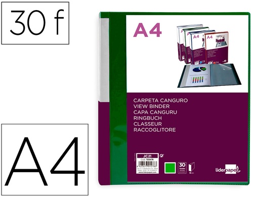 [2159470] LIDERPAPEL - Carpeta 30 fundas canguro pp din A4 verde translucido portada y lomo personalizable (Ref. JC21)