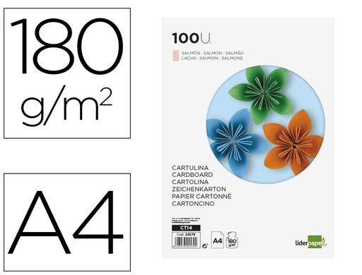 [2024579] LIDERPAPEL - CARTULINA A4 180G/M2 SALMON PAQUETE DE 100 (Ref.CT14)