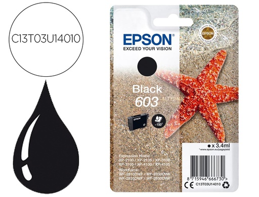 [9156583] EPSON - Ink-jet 603 xp-2100 / 2105 / 3100 / 4100 / wf-2810 / 2830 / 2835 / 2850 negro 150 paginas (Ref. C13T03U14010)