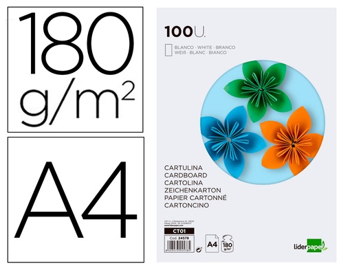 [2024578] LIDERPAPEL - CARTULINA A4 180G/M2 BLANCO PAQUETE DE 100 (Ref.CT01)