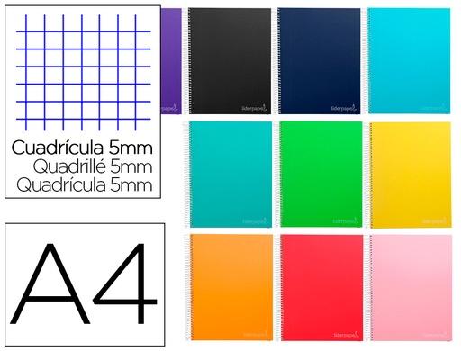 [2009754] LIDERPAPEL - CUADERNO ESPIRAL A4 MICRO CLASSIC TAPA FORRADA 160H 60 GR CUADRO 5MM 5 BANDAS 4 TALADROS COLORES SURTIDOS (Ref.BA01)