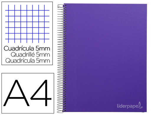 [2009731] LIDERPAPEL - CUADERNO ESPIRAL A4 MICRO CLASSIC TAPA FORRADA 160H 60 GR CUADRO 5MM 5 BANDAS 4 TALADROS MORADO (Ref.BA51)