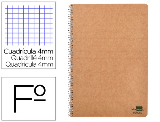 [2091051] LIDERPAPEL - CUADERNO ESPIRAL FOLIO ECOUSE TAPA CARTULINA KRAFT 80H PAPEL RECICLADO 60 GR CUADRO 4MM CON MARGEN (Ref.BB02)