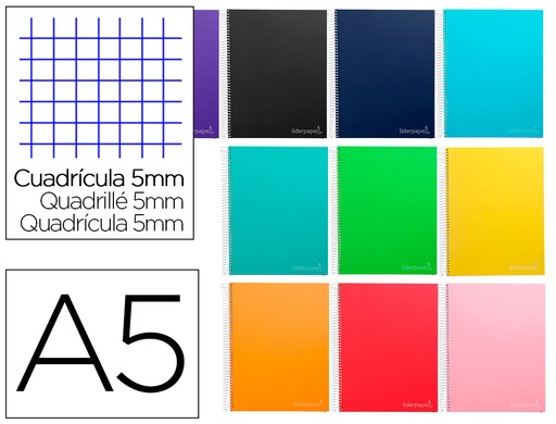 [2009758] LIDERPAPEL - CUADERNO ESPIRAL A5 MICRO CLASSIC TAPA FORRADA 160H 60 GR CUADRO 5MM 5 BANDAS6 TALADROS COLORES SURTIDOS (Ref.BJ55)
