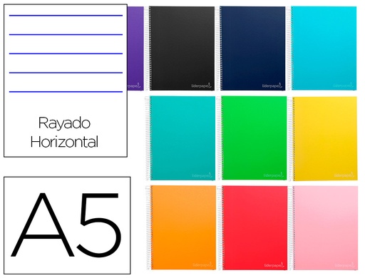 [2009759] LIDERPAPEL - CUADERNO ESPIRAL A5 MICRO CLASSIC TAPA FORRADA 160H 60 GR HORIZONTAL 5 BANDAS 6 TALADROS COLORES SURTIDOS (Ref.BJ56)