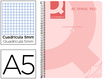 [2043456] Q-CONNECT - CUADERNO ESPIRAL Q CONNECT A5 MICRO TAPA PLASTICO 80H 70G CUADRO 5MM SIN BANDAS 6 TALADROS ROSA (Ref.KF10029)