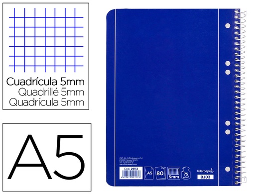 [2029113] LIDERPAPEL - CUADERNO ESPIRAL A5 MICRO SERIE AZUL TAPA BLANDA 80H 80 GR CUADRO5MM 6 TALADROS AZUL (Ref.BJ03)