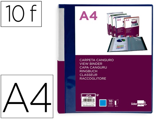 [2159463] LIDERPAPEL - Carpeta 10 fundas canguro pp din A4 azul translucido portada y lomo personalizable (Ref. JC14)