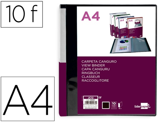 [2159461] LIDERPAPEL - Carpeta 10 fundas canguro pp din A4 negro opaco portada y lomo personalizable (Ref. JC12)