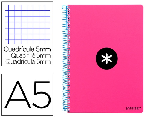 [2074696] ANTARTIK - CUADERNO ESPIRAL LIDERPAPEL A5 TAPA DURA 80H 100 G CUADRO 5MM CON MARGEN COLOR ROSA FLUOR (Ref.KE15)