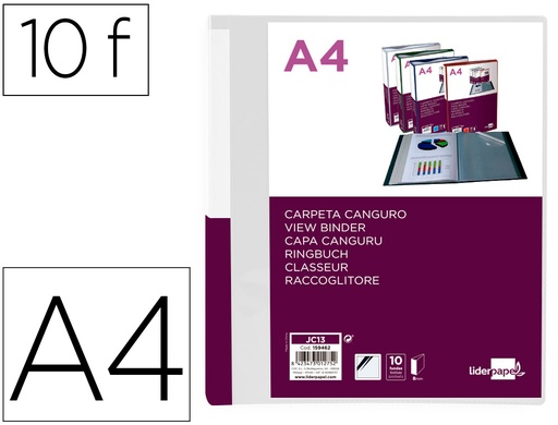 [2159462] LIDERPAPEL - Carpeta 10 fundas canguro pp din A4 transparenteportada y lomo personalizable (Ref. JC13)