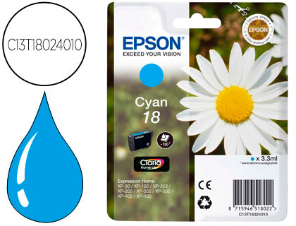 [9057664] EPSON - Cartuchos ORIGINALES Inyección De Tinta T18 CYAN EXPRESSION HOME XP-102 XP-205 XP-305 XP-405 CAPACIDAD 180 PAG (Ref.C13T18024010)