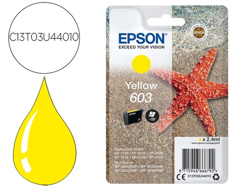 [9156586] EPSON - Ink-jet 603 xp-2100 / 2105 / 3100 / 4100 / wf-2810 / 2830 / 2835 / 2850 amarillo 130 paginas (Ref. C13T03U44010)