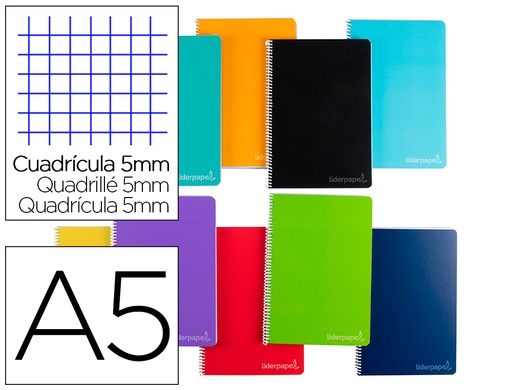 [2009769] LIDERPAPEL - CUADERNO ESPIRAL A5 MICRO INSPIRE TAPA DURA 160H 60 GR CUADRO 5MM 5 BANDAS 6 TALADROS COLORES SURTIDOS (Ref.BJ06)
