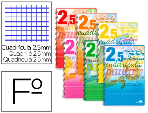 [2051699] LIDERPAPEL - CUADERNO ESPIRAL FOLIO PAUTAGUIA TAPA BLANDA 80H 80 GR CUADRO PAUTADO 2,5MM CON MARGEN COLORES SURTIDOS (Ref.BF55)