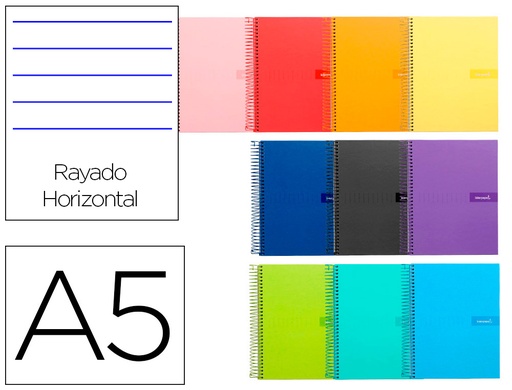 [2009244] LIDERPAPEL - CUADERNO ESPIRAL CUARTO MULTILIDER TAPA FORRADA 80H 80 GR HORIZONTAL CON MARGEN COLORES SURTIDOS (Ref.BC39)