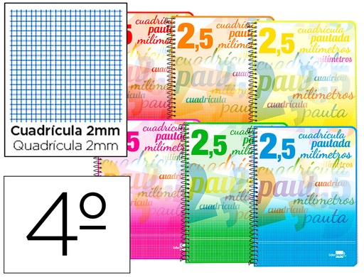[2058591] LIDERPAPEL - CUADERNO ESPIRAL CUARTO PAUTAGUIA TAPA BLANDA 40H 80 GR CUADRO PAUTADO 2,5MMCON MARGEN COLORES SURTIDOS (Ref.BC66)