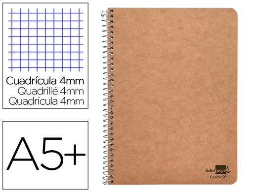 [2091067] LIDERPAPEL - CUADERNO ESPIRAL CUARTO ECOUSE TAPA CARTULINA KRAFT 80H PAPEL RECICLADO 60 GR CUADRO 4MM (Ref.BB03)