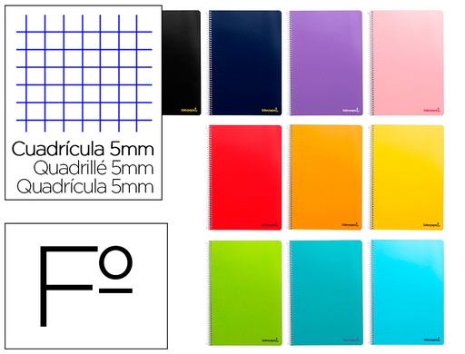 [2008195] LIDERPAPEL - CUADERNO ESPIRAL FOLIO WRITE TAPA BLANDA 80H 60 GR CUADRO 5MM CON MARGEN COLORES SURTIDOS (Ref.BF13)
