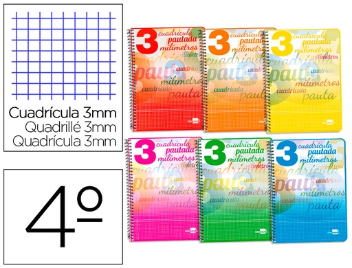 [2051704] LIDERPAPEL - CUADERNO ESPIRAL CUARTO PAUTAGUIA TAPA BLANDA 40H 80 GR CUADRO PAUTADO 3 MM CON MARGEN COLORES SURTIDOS (Ref.BC45)