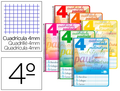 [2051705] LIDERPAPEL - CUADERNO ESPIRAL CUARTO PAUTAGUIA TAPA BLANDA 40H 80 GR CUADRO PAUTADO 4MM COLORES SURTIDOS (Ref.BC46)