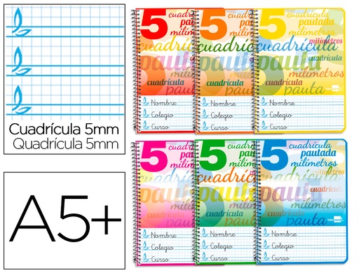 [2051706] LIDERPAPEL - CUADERNO ESPIRAL CUARTO PAUTAGUIA TAPA BLANDA 40H 80 GR CUADRO PAUTADO 5MM COLORES SURTIDOS (Ref.BC47)
