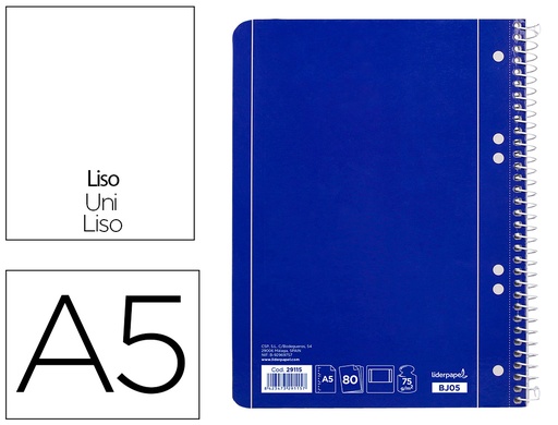 [2029115] LIDERPAPEL - CUADERNO ESPIRAL A5 MICRO SERIE AZUL TAPA BLANDA 80H 80 GR LISO 6TALADROS AZUL (Ref.BJ05)