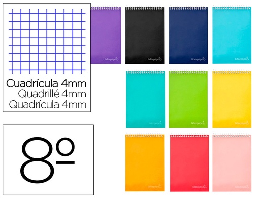 [2008418] LIDERPAPEL - CUADERNO ESPIRAL BOLSILLO OCTAVO APAISADO INSPIRE TAPA DURA 80H 60GR CUADRO 4MM COLORES SURTIDOS (Ref.BQ09)