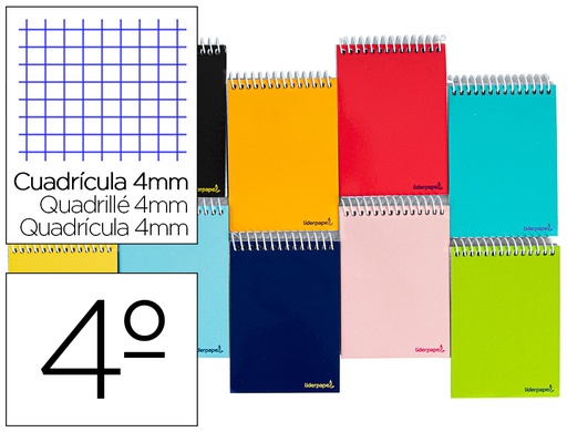 [2008279] LIDERPAPEL - CUADERNO ESPIRAL CUARTO APAISADO WRITE TAPA BLANDA 80H 60 GR CUADRO 4MM CON MARGEN COLORES SURTIDOS (Ref.BC43)