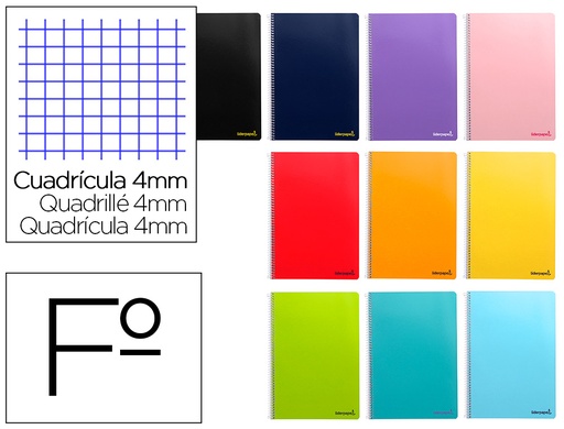 [2008194] LIDERPAPEL - CUADERNO ESPIRAL FOLIO WRITE TAPA BLANDA 80H 60GR CUADRO 4MM CON MARGEN COLO RES SURTIDOS (Ref.BF01)