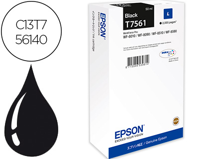 [9090121] EPSON - INK-JET T7561 NEGRO L WF-8010DW / 8090D3TWC / 8510DWF / 8590DWF CAPACIDAD 2500 PAG (Ref.C13T756140)