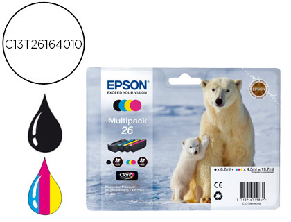 [9078026] EPSON - Cartuchos ORIGINALES Inyección De Tinta 26 Negro/Amarillo/Cyan/Magenta Pack 4 Blister C13T26164020 (Ref.C13T26164010)