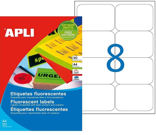 [9934258] APLI - ETIQUETAS ADH.IMPR. A4 FLUOR AMARILLO LS-CP C.ROMOS BLISTER 20h 99,1x67,7 mm 160 uds.(0) (Ref.2874)