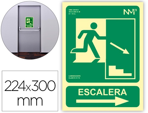 [2160657] ARCHIVO 2000 - Pictograma salida emergencia escalera baja derecha pvc verde luminiscente 224x300 mm (Ref. 6170-12H VE)