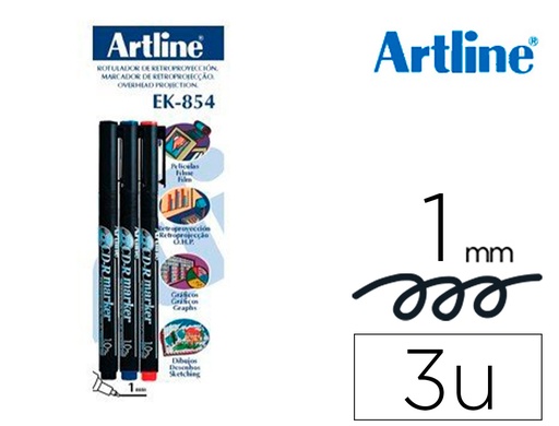 [2041171] ARTLINE - Rotulador retroproyeccion punta fibra permanente ek-854 1 mm -blister de 3 (1-ne 1-az 1-ro) (Ref. EK-854-N-BL3S)