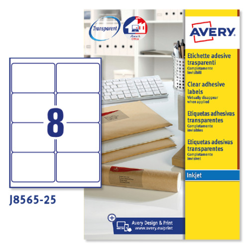[9937575] AVERY - ETIQUETAS TRANSPARENTES QUICKPEEL PARA IMPRESORAS INKJET 99,1X67,7 - 25 HOJAS- (Ref.J8565-25)