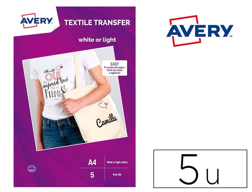 [2154374] AVERY - Papel transfer para camisetas algodon color blanco ink-jet din A4 pack de 5 hojas (Ref. MD1001)