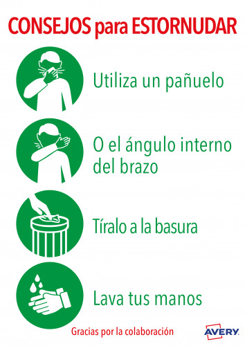 [9937338] AVERY - SEÑALIZACIÓN ADHESIVA PERMANENTE "CONSEJOS PARA ESTORNUDAR" POLIESTER DINA4 -2U- (Ref.AV_KITCOVID5_ES)