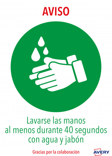[9937334] AVERY - SEÑALIZACIÓN ADHESIVA PERMANENTE "LAVARSE LAS MANOS" POLIESTER DINA4 -2U- (Ref.AV_KITCOVID1_ES)