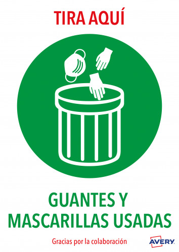 [9937340] AVERY - SEÑALIZACIÓN ADHESIVA PERMANENTE "TIRA AQUÍ GUANTES Y MASCARILLAS USADAS" POLIESTER DINA4 -2U- (Ref.AV_KITCOVID7_ES)