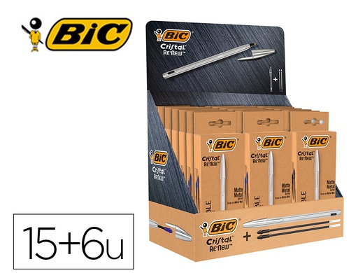 [2162191] BIC - Boligrafo cristal renew 21 expositor 15 unidades azul + 6 negro regalo 50 cristal azul (Ref. 501036)