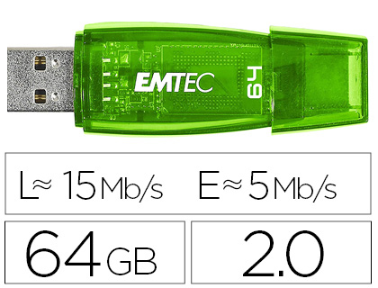[2155273] EMTEC - Memoria usb flash c410 64 gb 2.0 verde (Ref. E141125) (Canon L.P.I. 0,24€ Incluido)