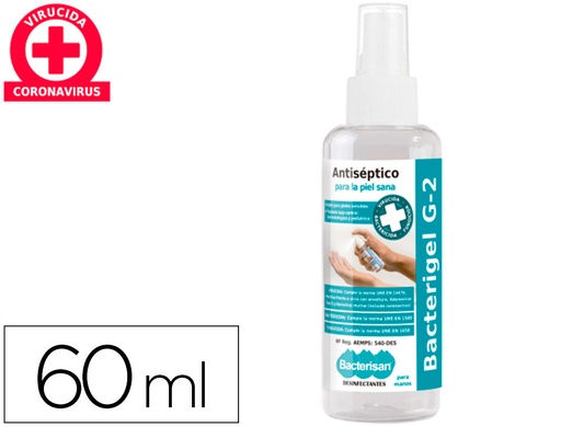 [2160149] Gel hidroalcoholico antiseptico bacterigel g2 para manos limpia desinfecta sin aclarado spray de 60 ml (Ref. 5071LM029580)