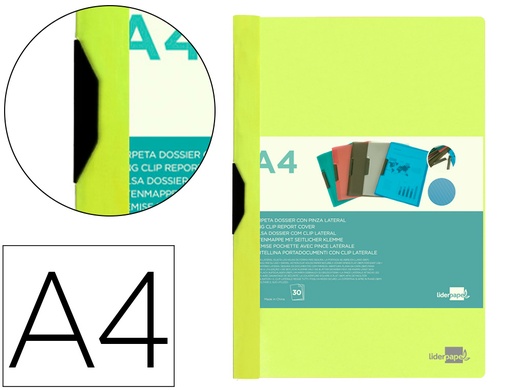 [2011299] LIDERPAPEL - Carpeta dossier pinza lateral polipropileno din A4 amarillo fluor opaco 30 hojas pinza deslizante (Ref. DP21)
