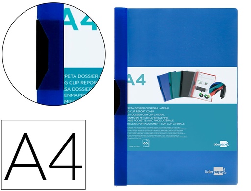 [2011306] LIDERPAPEL - Carpeta dossier pinza lateral polipropileno din A4 azul translucido 60 hojas pinza deslizante (Ref. DP28)