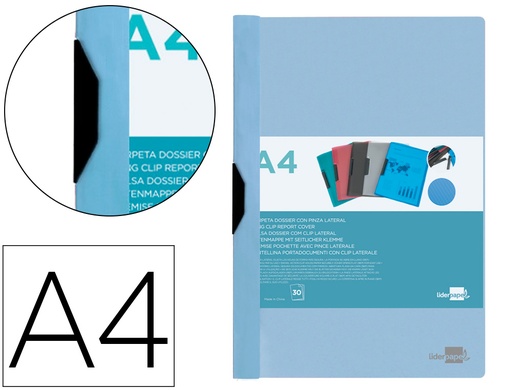 [2011302] LIDERPAPEL - Carpeta dossier pinza lateral polipropileno din A4 celeste opaco 30 hojas pinza deslizante (Ref. DP24)