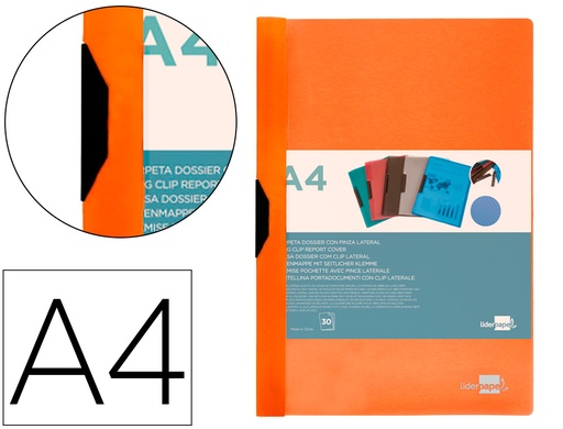 [2011300] LIDERPAPEL - Carpeta dossier pinza lateral polipropileno din A4 naranja fluor opaco 30 hojas pinza deslizante (Ref. DP22)